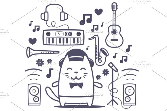 Сat musician with set of instruments preview image.