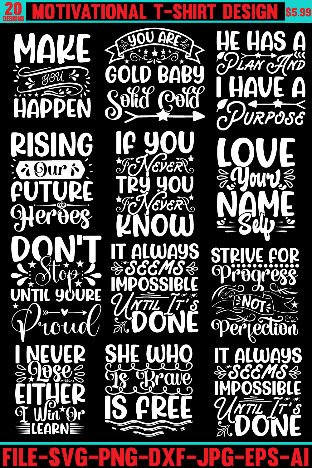 Motivational T-shirt Design Bundle pinterest preview image.