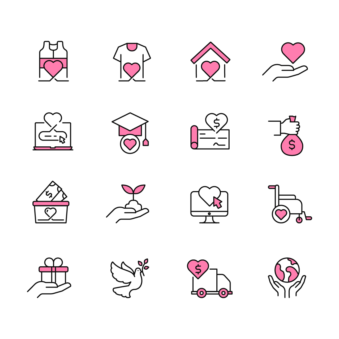 Charity and Donations Ultra Crisp Vector Line Icons Giving and Philanthropy, Non-Profit, and Charity Icon Collection, Humanitarian Aid Icon Pack, Charitable Giving and Fundraising Vector line icons with editable stroke preview image.