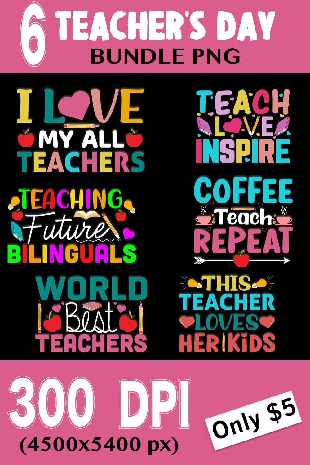 6 Teachers Day T-Shirt Design Bundle pinterest preview image.