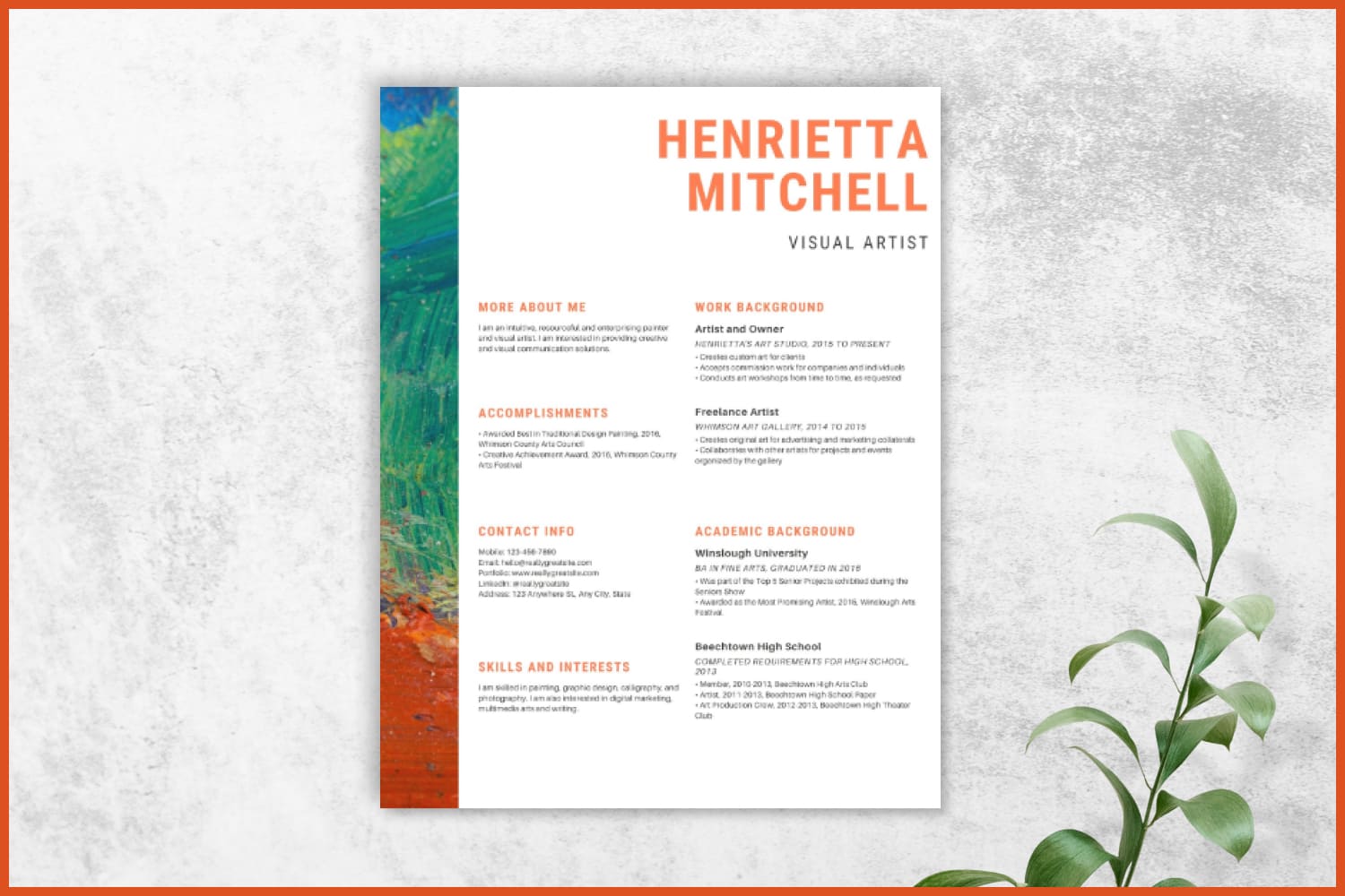 Resume in a minimalistic style, two columns and a colored stripe.