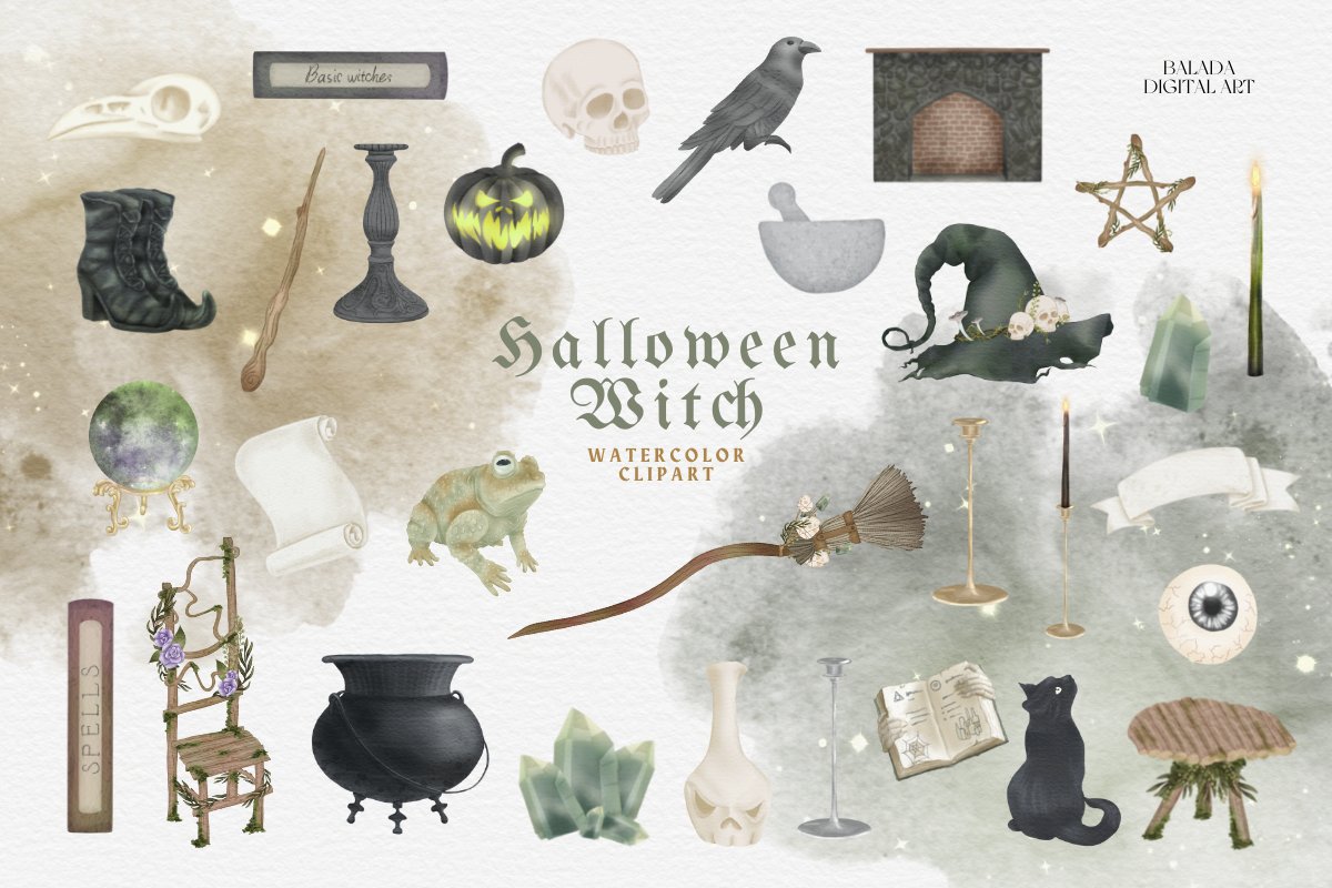 Watercolor Halloween Witch PNG preview image.