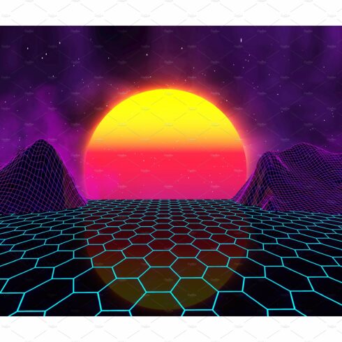 Retro futuristic sunset. Waporwave cover image.