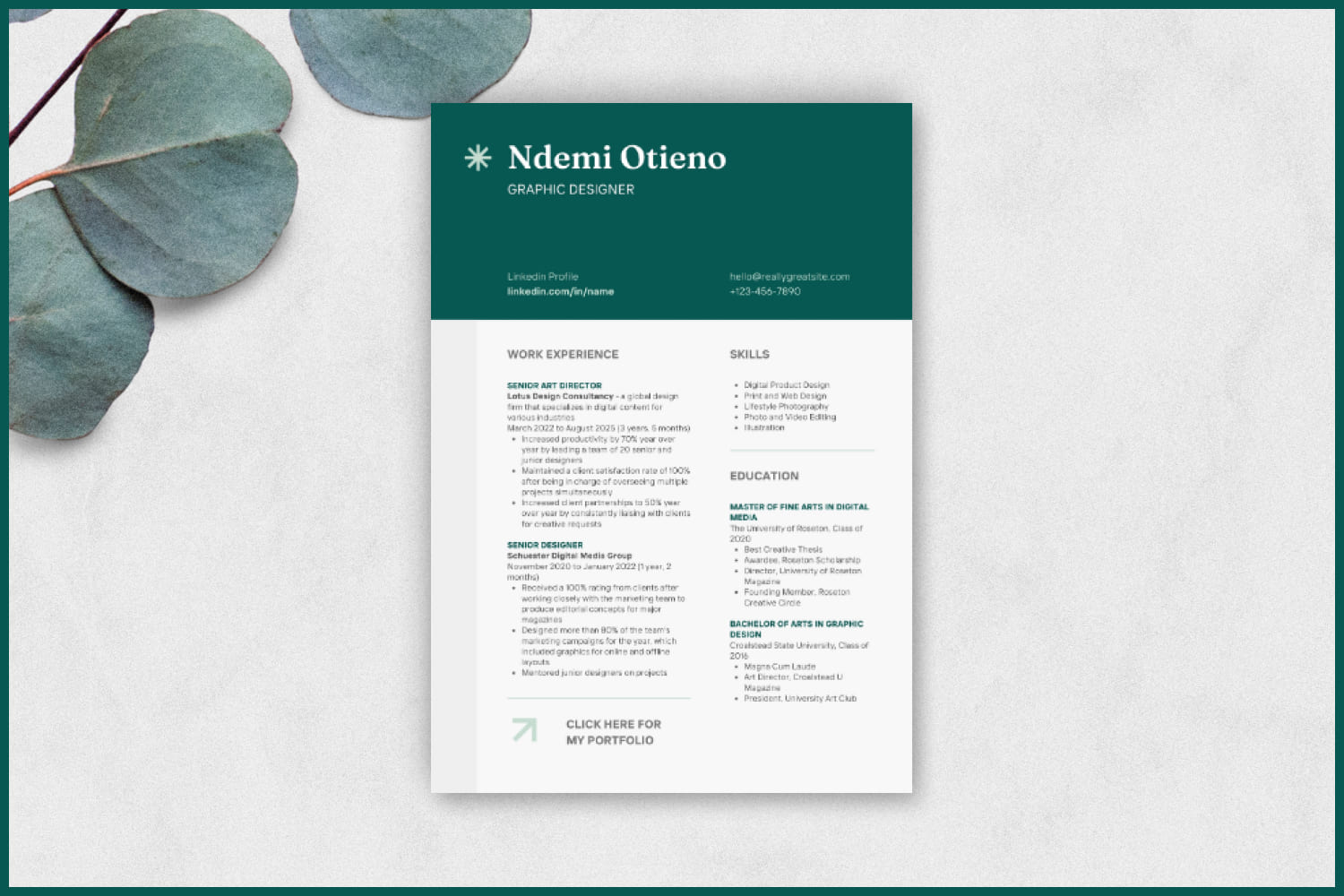 Resume with green title and white text box in two columns.