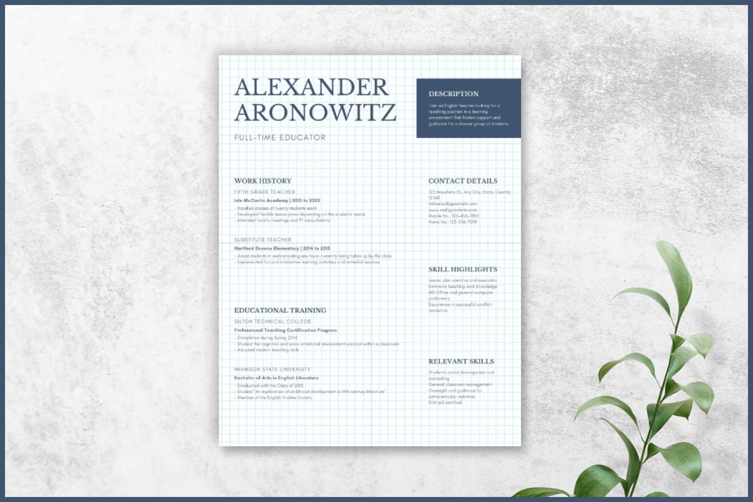 Resume with two columns of text and grid background.