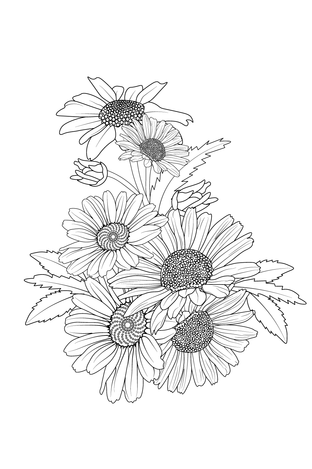 daisy flower bouquet, daisy flower bouquet tattoo, line drawing daisy tattoo, pinterest preview image.