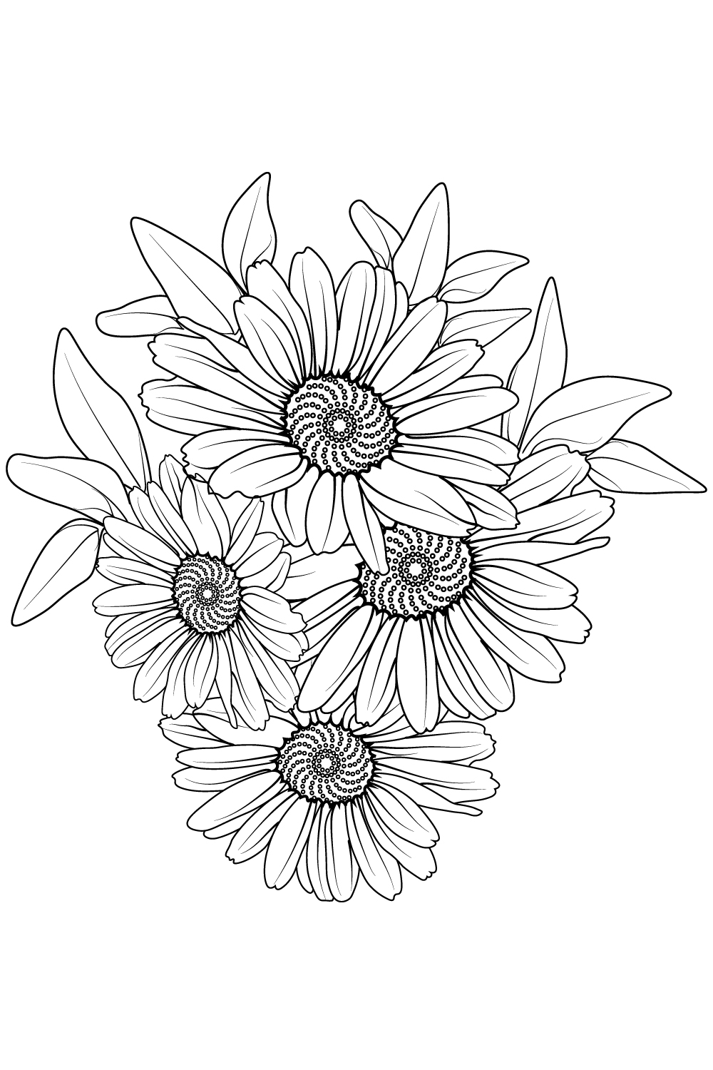Daisy flwoer line art, daisy floewr line art bouquet, gerbara daisy drawing pinterest preview image.