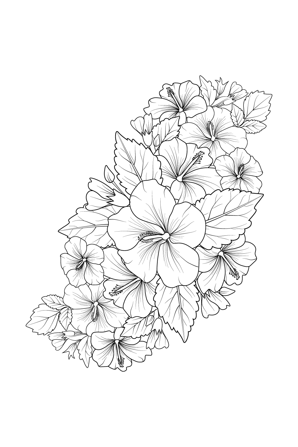 A beautiful monochrome black and white bouquet of hibiscus isolated on white Hand-drawn design greeting cards pinterest preview image.