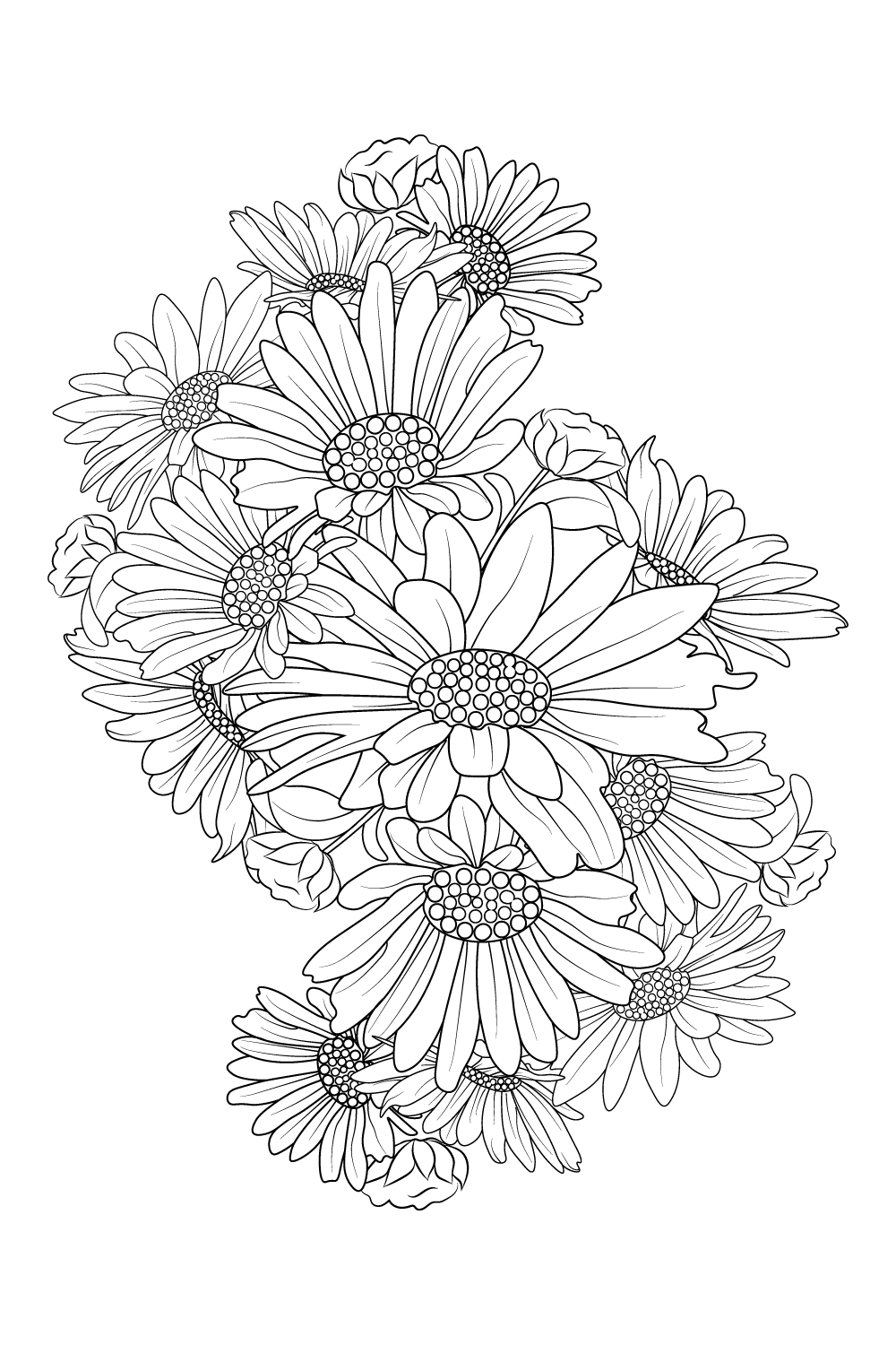 zentangle tattoo design with daisy flowers, relaxation flower coloring pages for adults, pinterest preview image.