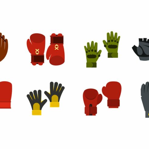 Sport gloves icon set, flat style cover image.