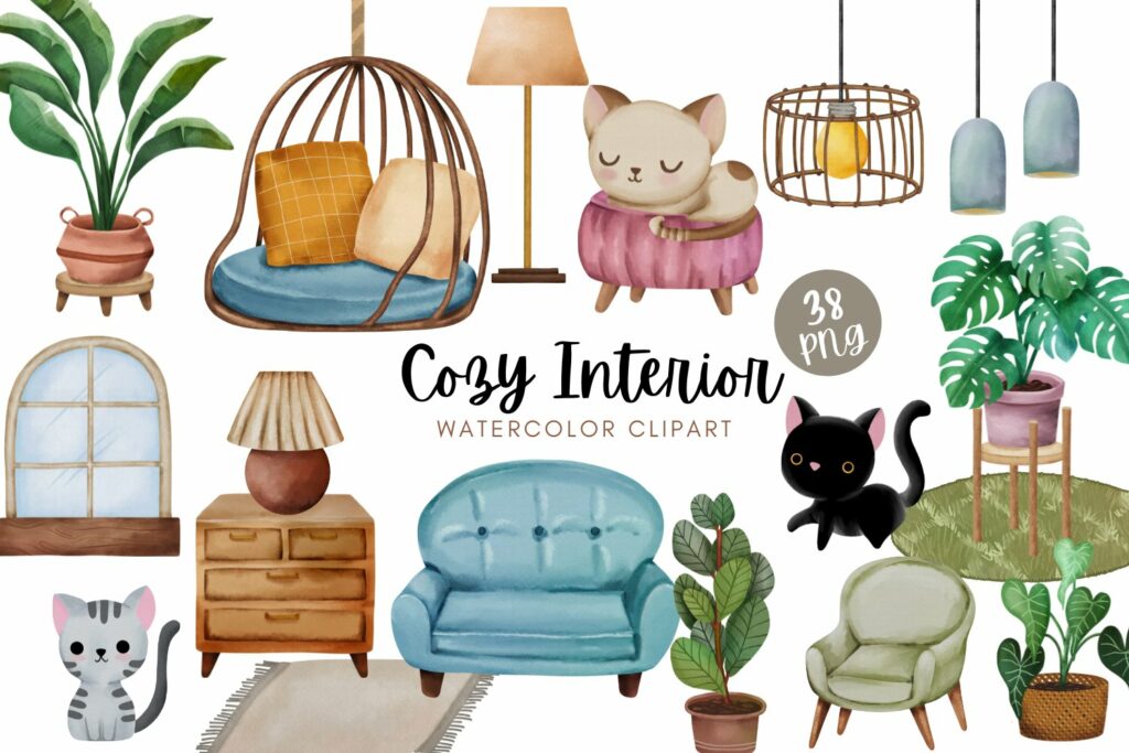 Cozy Interior watercolor clipart – MasterBundles