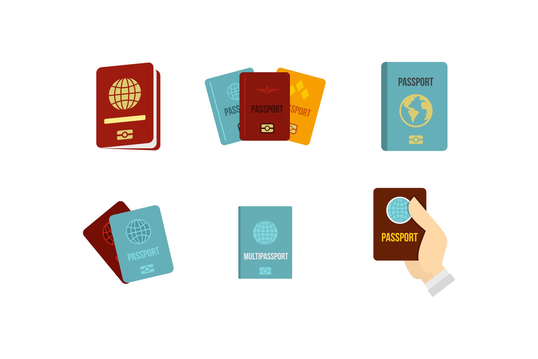 Passport icon set, flat style cover image.