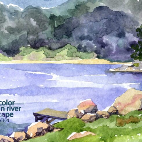 Watercolor mountain river. cover image.