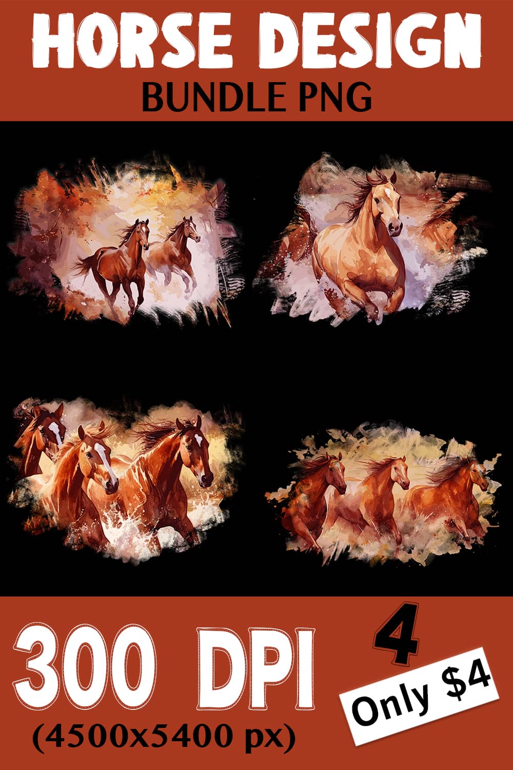 Horse T-shirt - 4 Png Designs Bundle - Only $4! pinterest preview image.