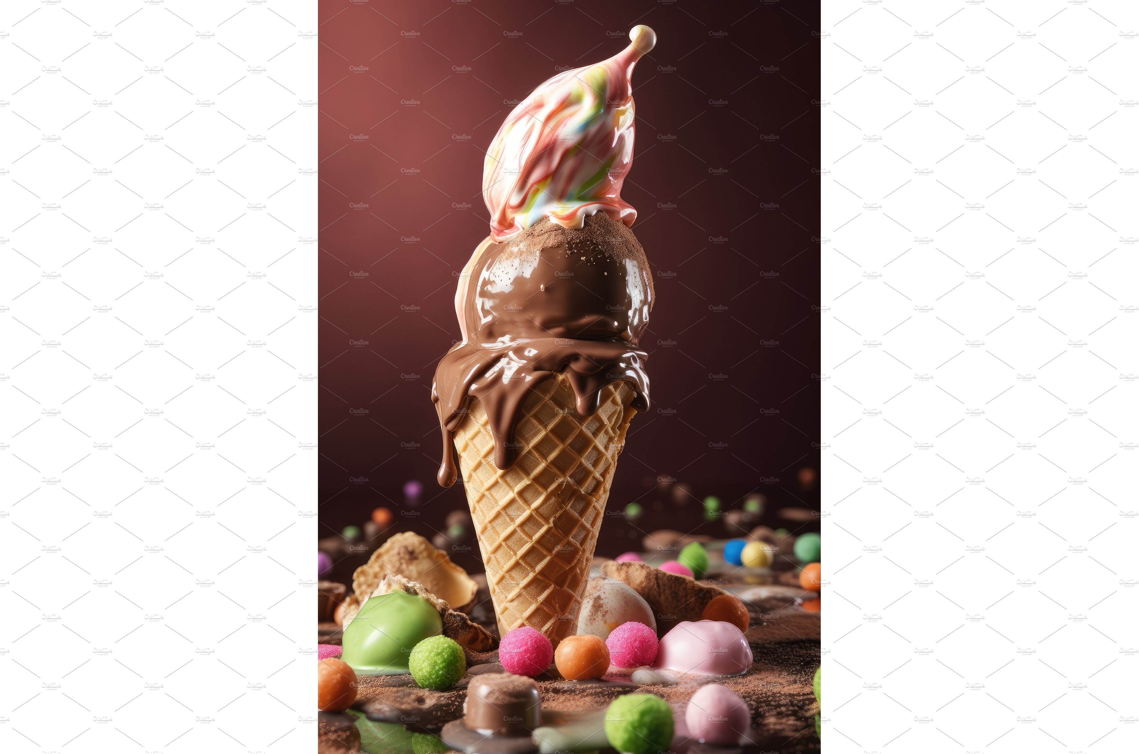 Ice cream in cone with chocolate cover image.