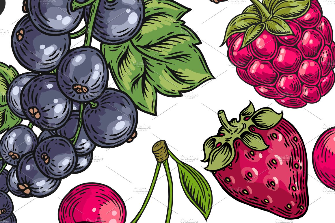 Berry hand drawn set, patterns preview image.