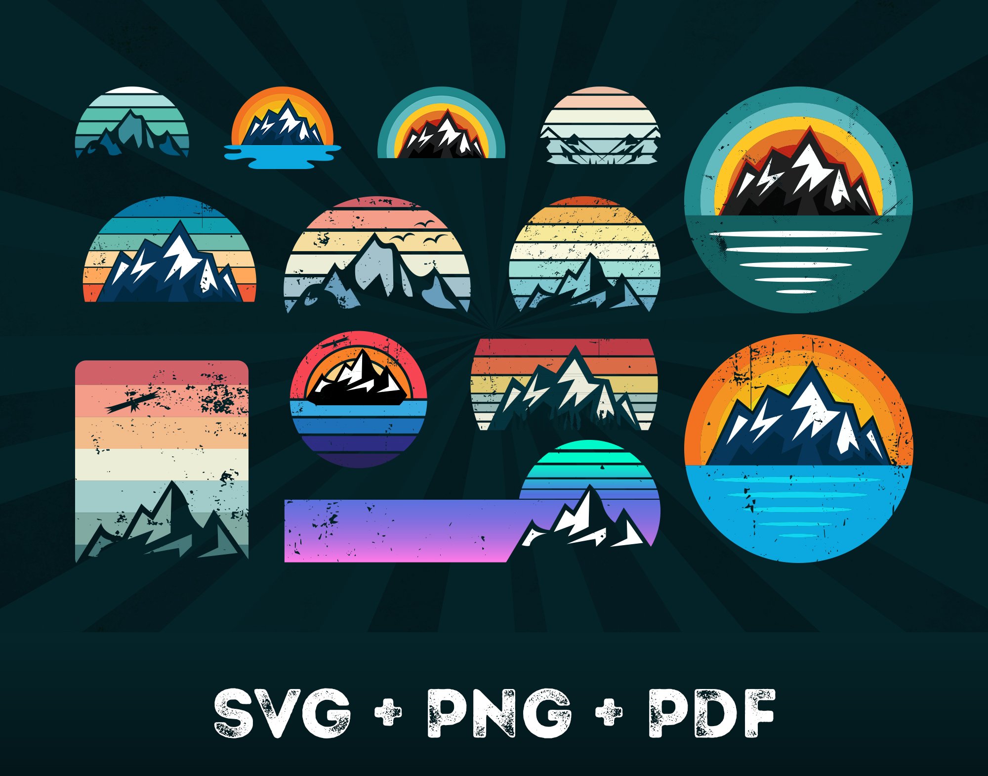 13 Mountain Sunsets Bundle SVG PNG cover image.