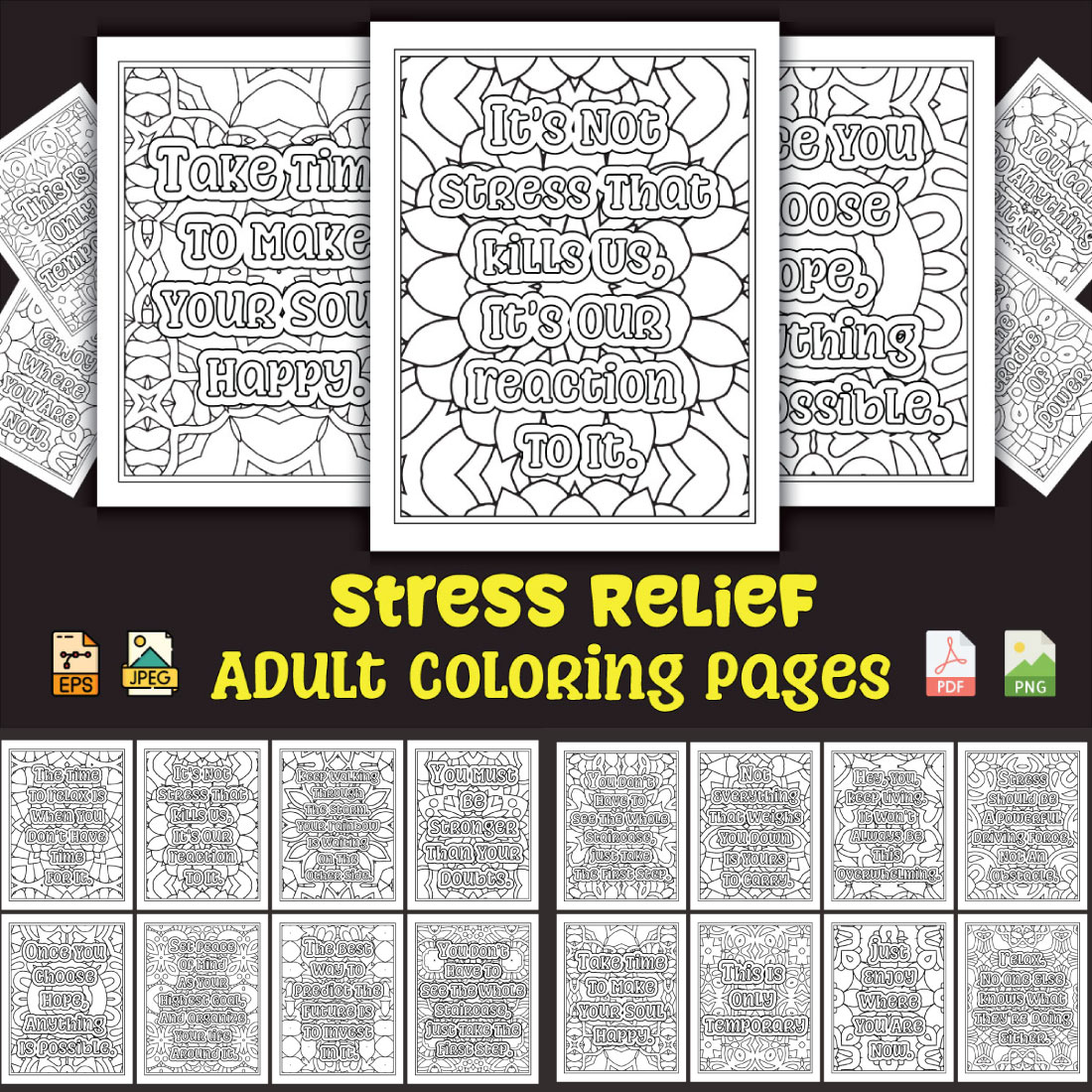 Stress Relief Coloring Pages for Adults KDP Coloring Book preview image.