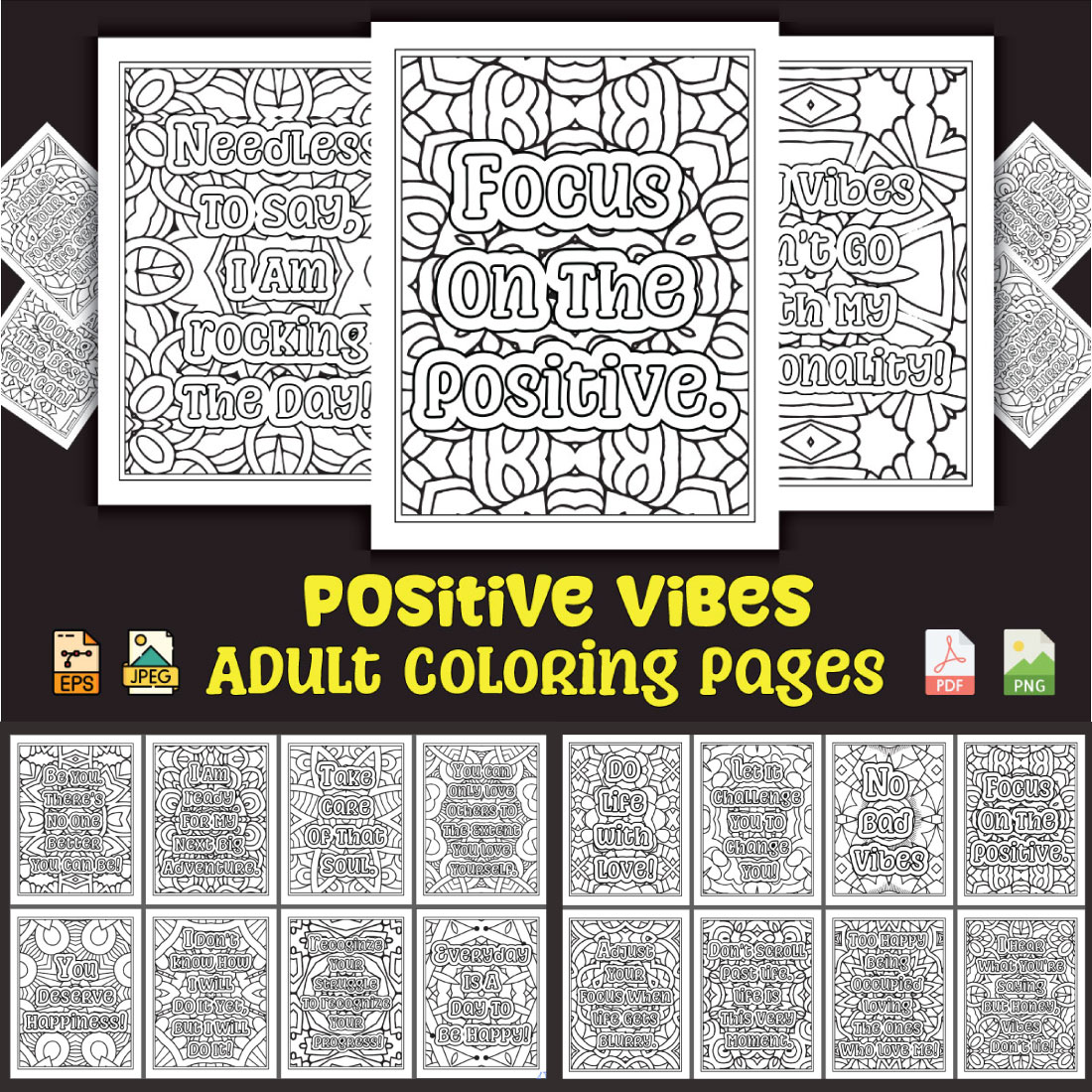 Positive Vibes Coloring Pages for Adults KDP Coloring Boo preview image.