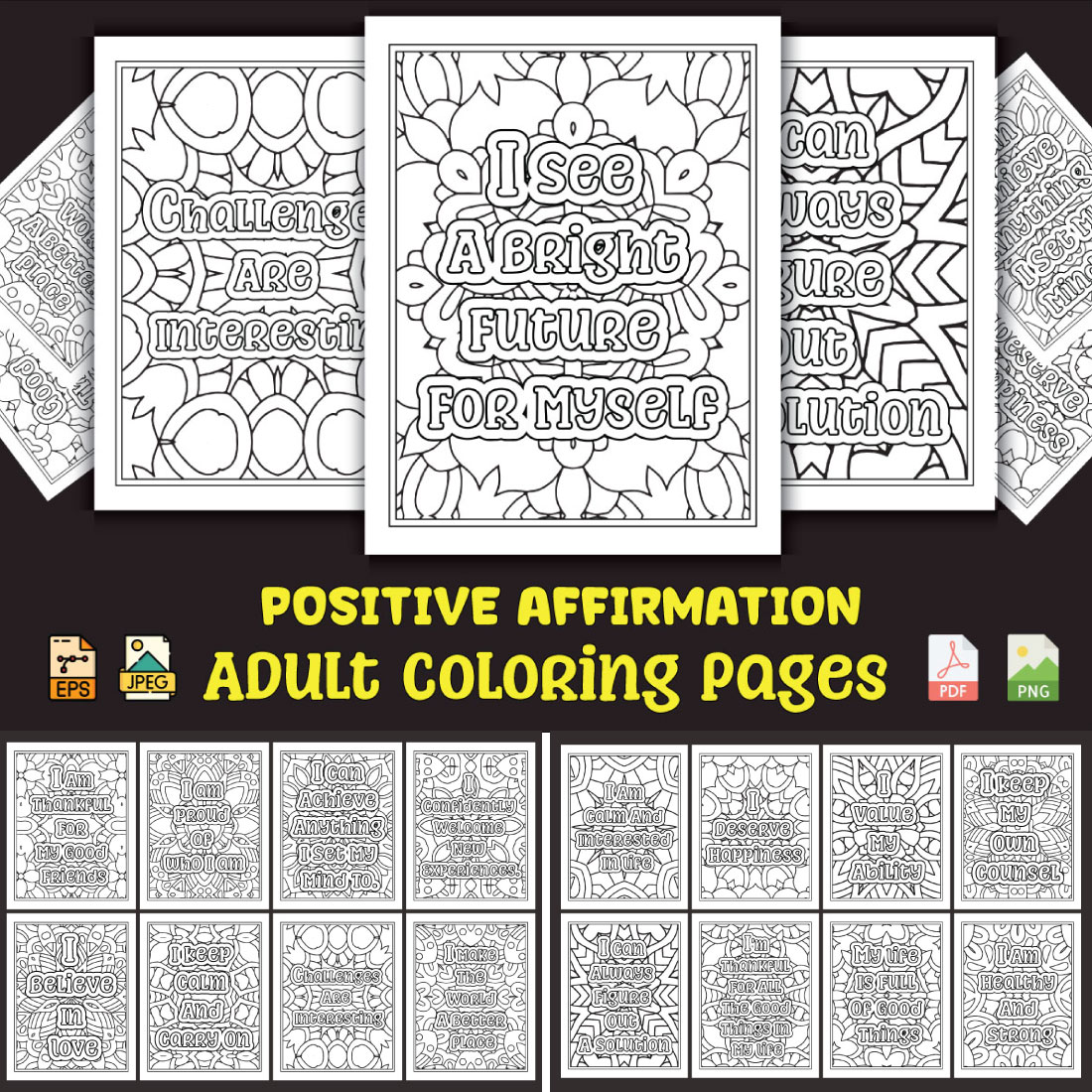 Positive Affirmation Coloring Pages for Adults KDP Coloring Book preview image.