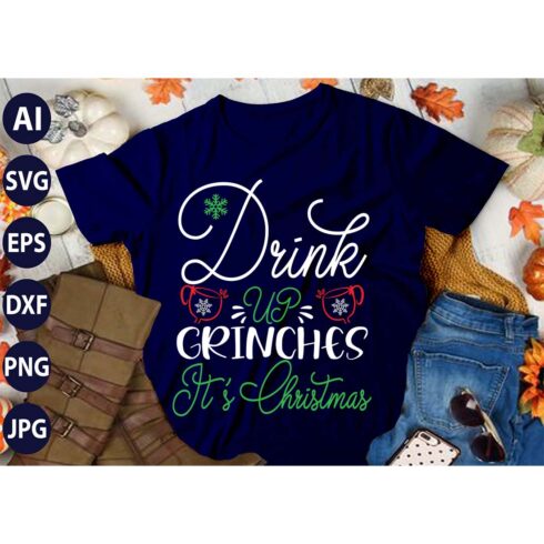 Drink UP Grenache It's Christmas, SVG T-Shirt Design |Christmas Retro It's All About Jesus Typography T-shirt Design | Ai, Svg, Eps, Dxf, Jpeg, Png, Instant download T-Shirt | 100% print-ready Digital vector file cover image.