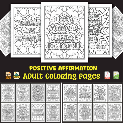 Positive Affirmation Coloring Pages for Adults KDP Coloring Book cover image.
