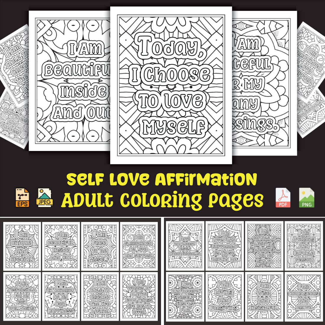 Self Love Affirmation Coloring Pages for Adults KDP Coloring Book preview image.