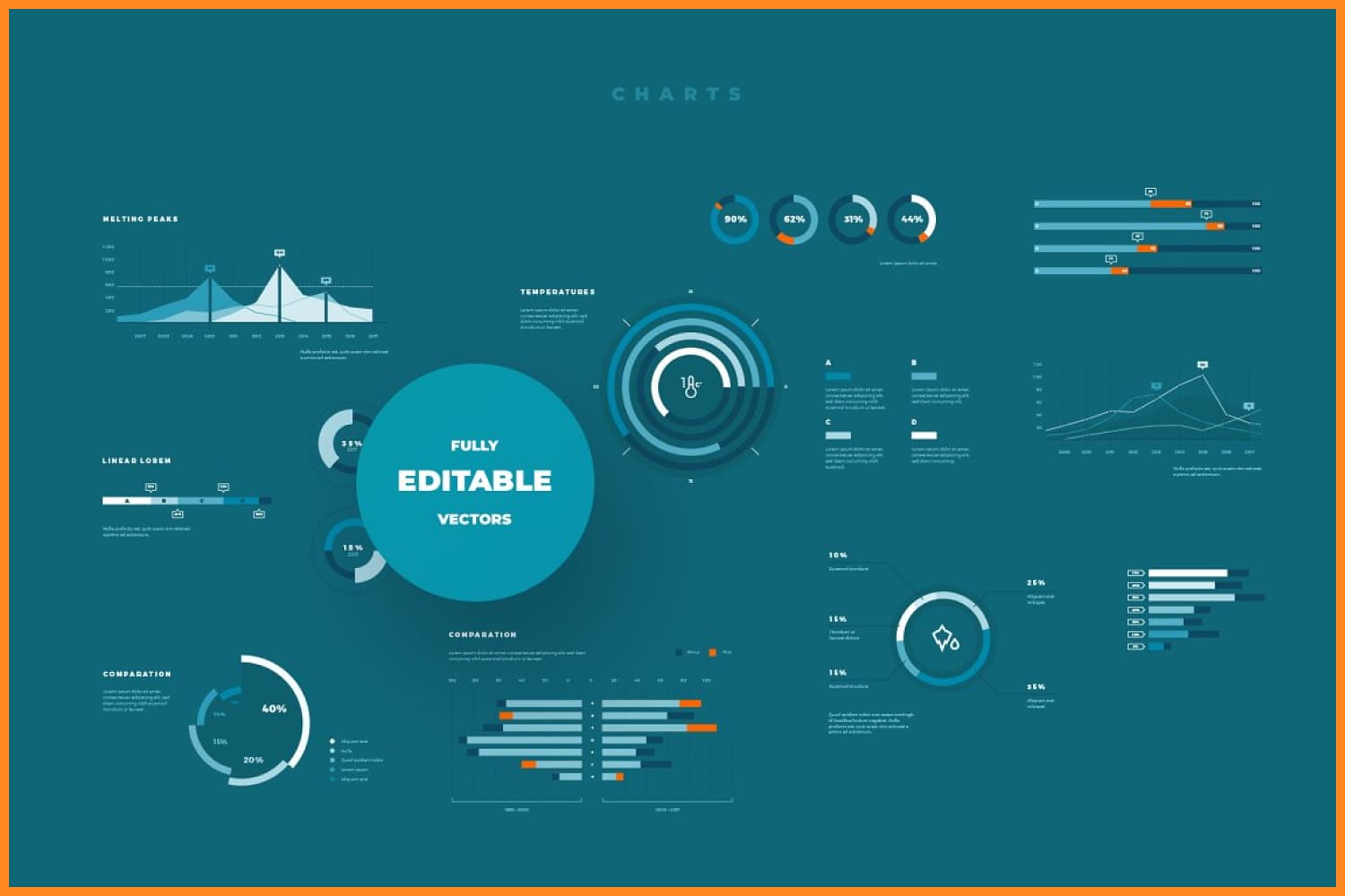 Infographics in the form of charts and bars in green.