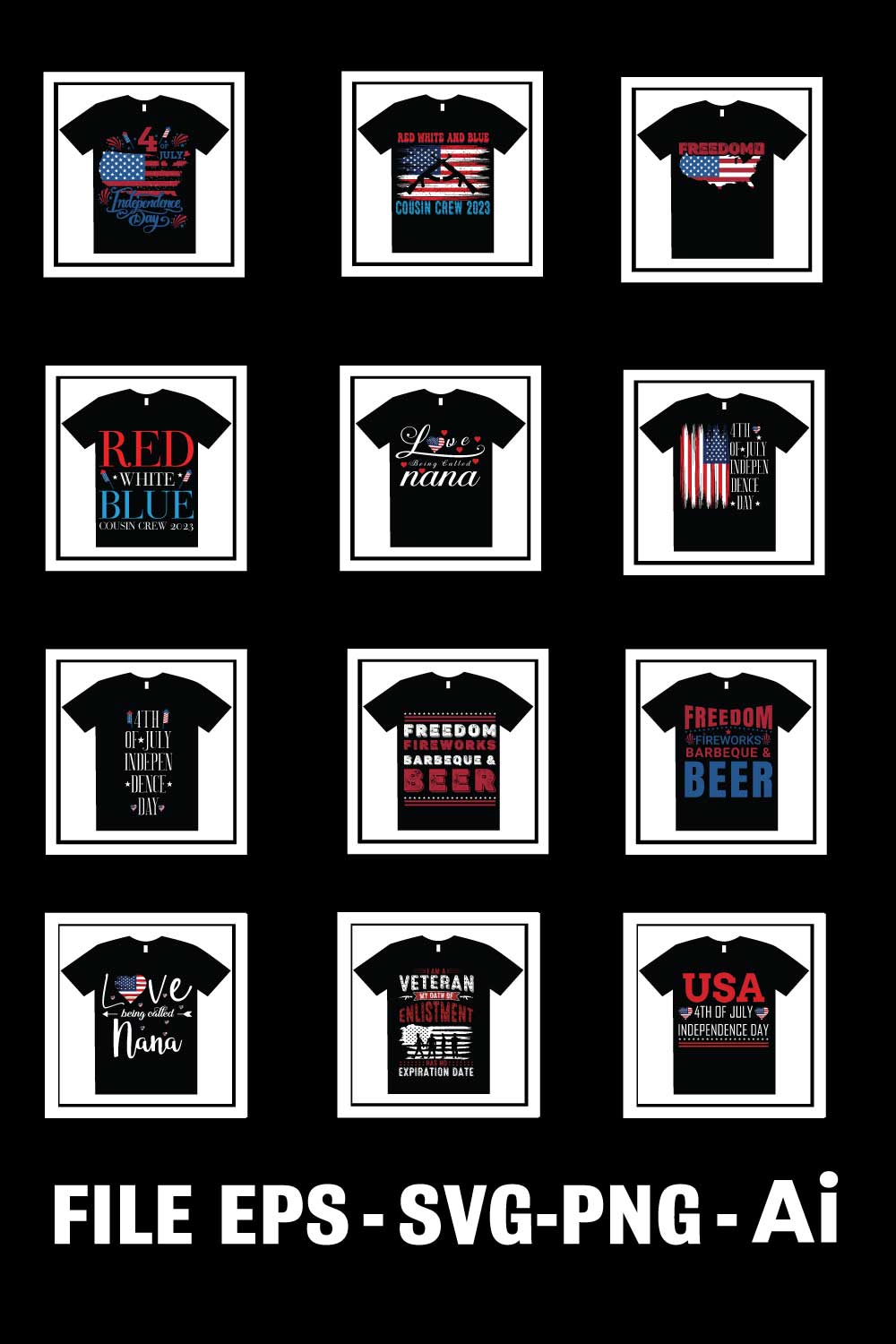 12 Print Ready 4th of July – Independence Day T-Shirt design bundle pinterest preview image.