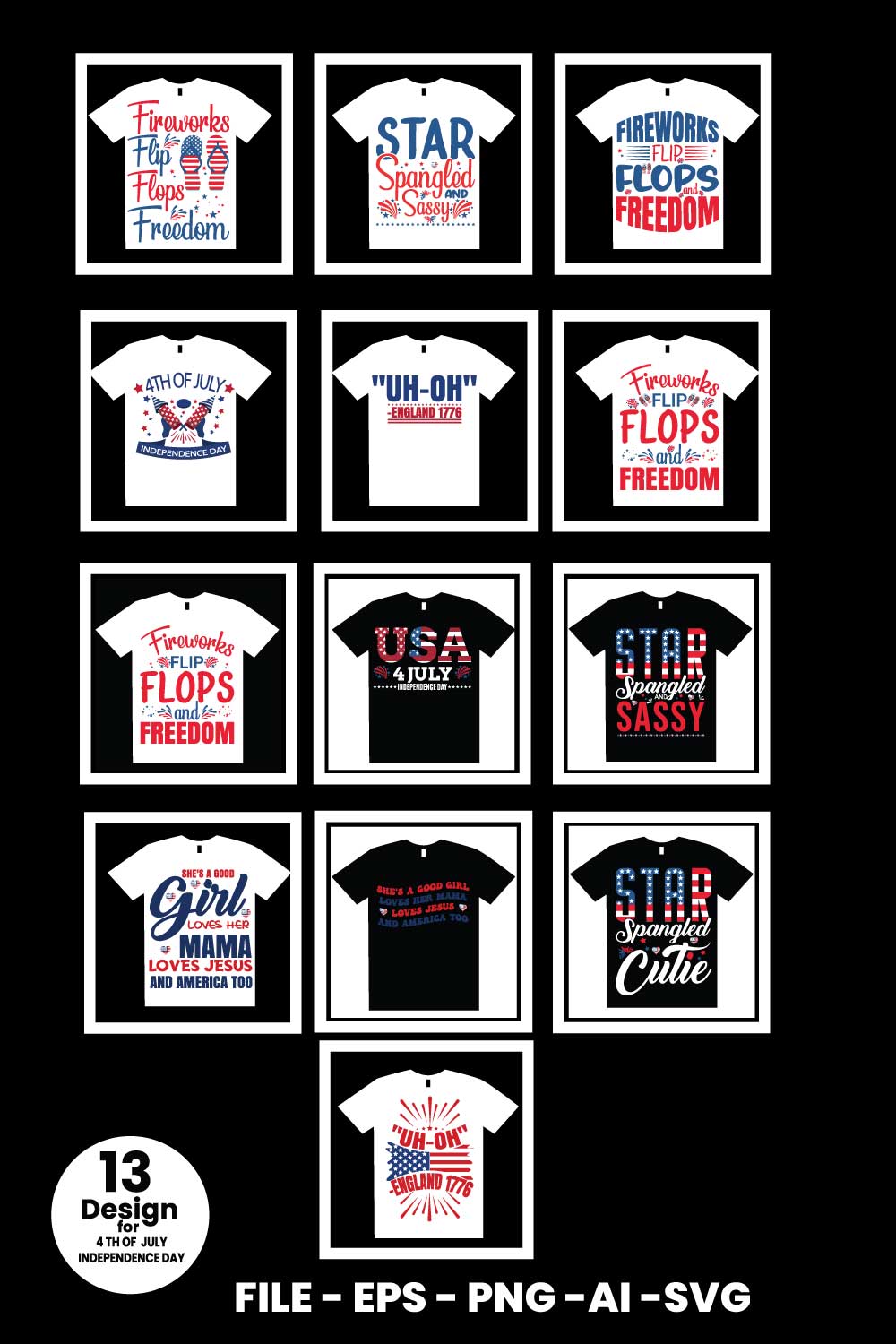 13 Print Ready 4th of July – Independence Day T-Shirt design bundle pinterest preview image.