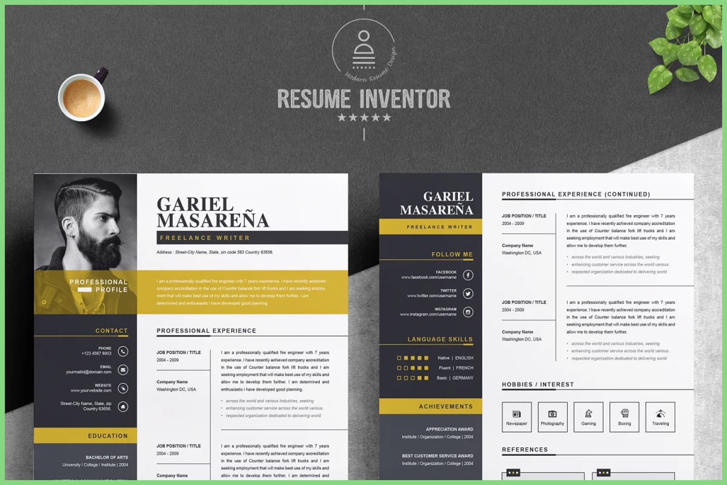 Collage of resume pages with large photo, dark skill column and white description column.