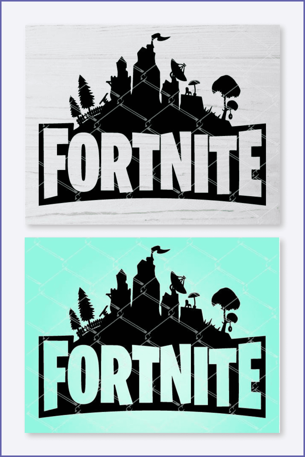 Collage of two space silhouette and inscriptions Fortnite.
