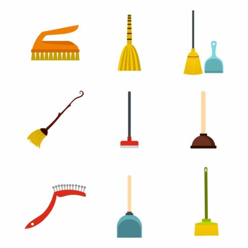 Cleaning tools icon set, flat style cover image.