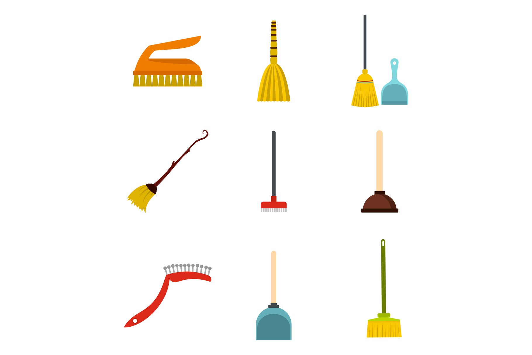 Cleaning tools icon set, flat style cover image.
