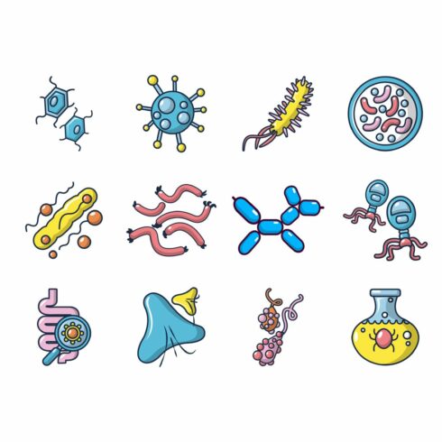 Virus icon set, cartoon style cover image.