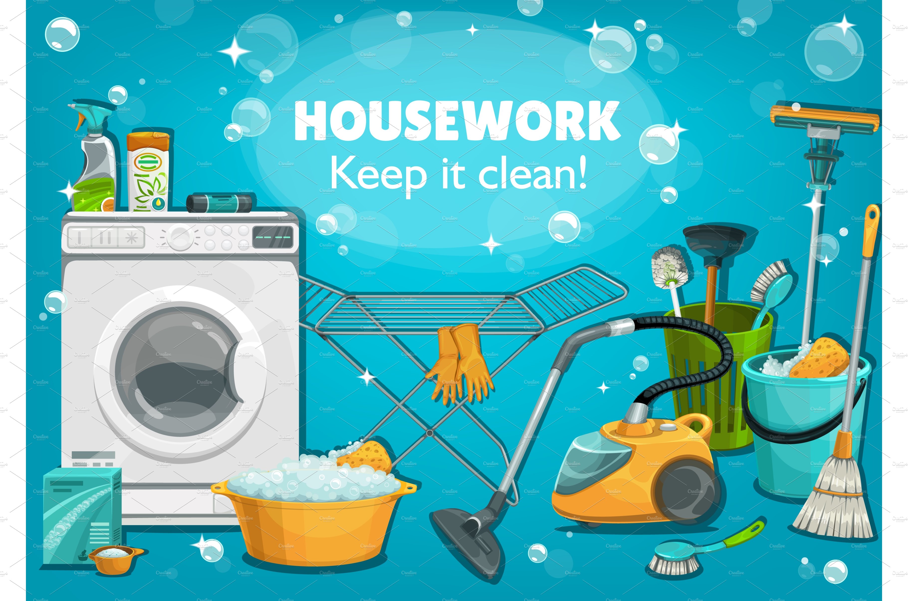 Housework utensil and laundry tools cover image.