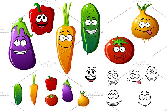 Cartoon vegetables with funny emotio cover image.