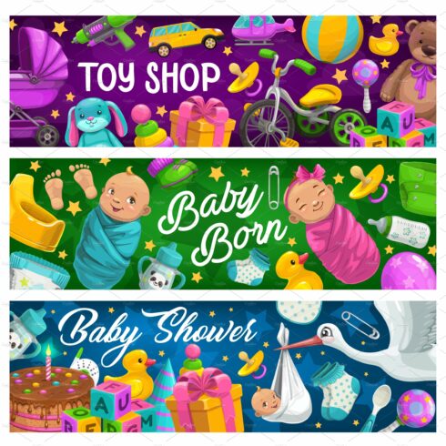 Kid toys shop vector banners cover image.