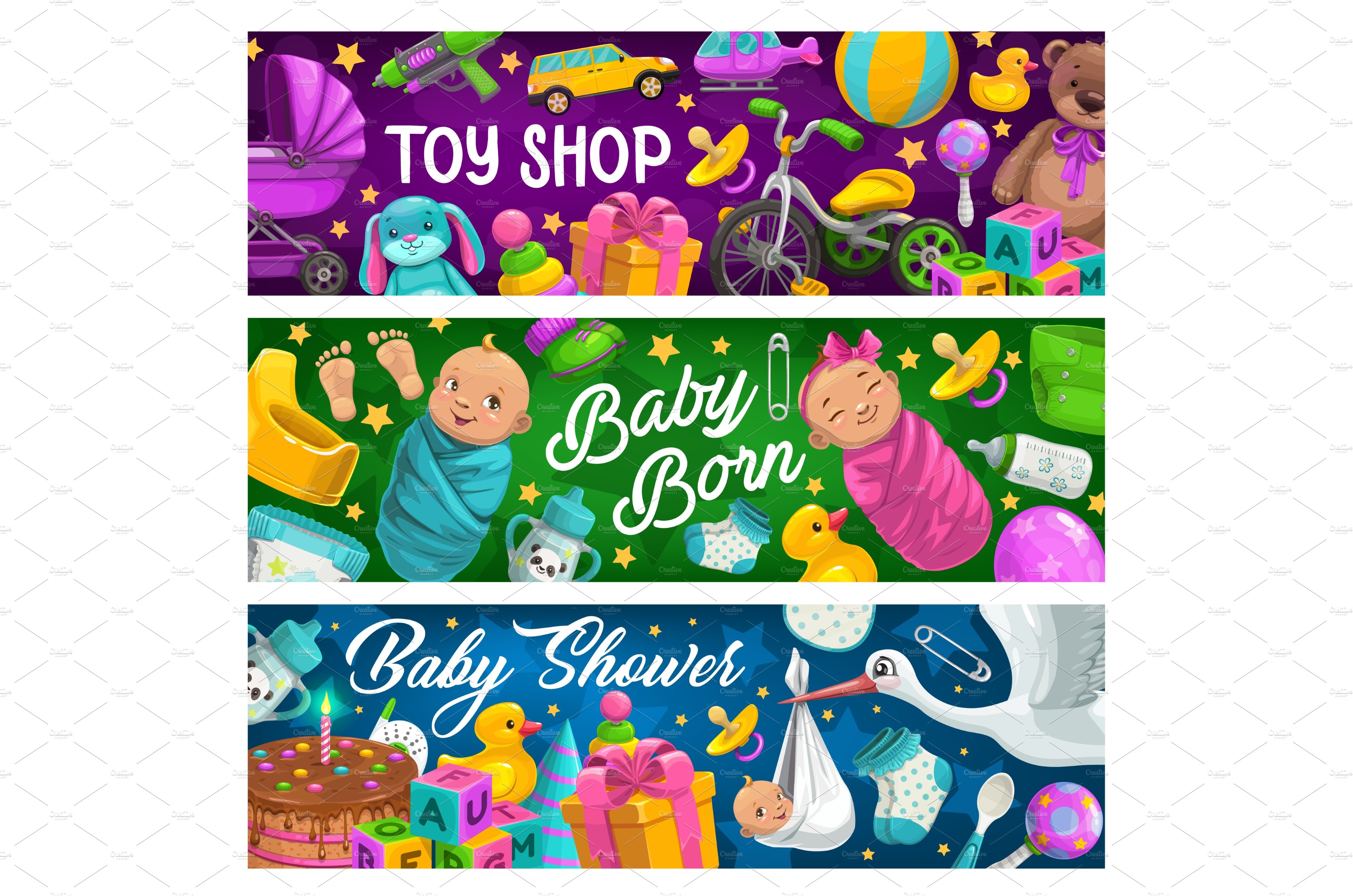 Kid toys shop vector banners cover image.