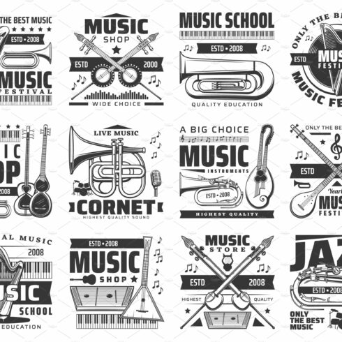 Music shop, festival, school icons cover image.