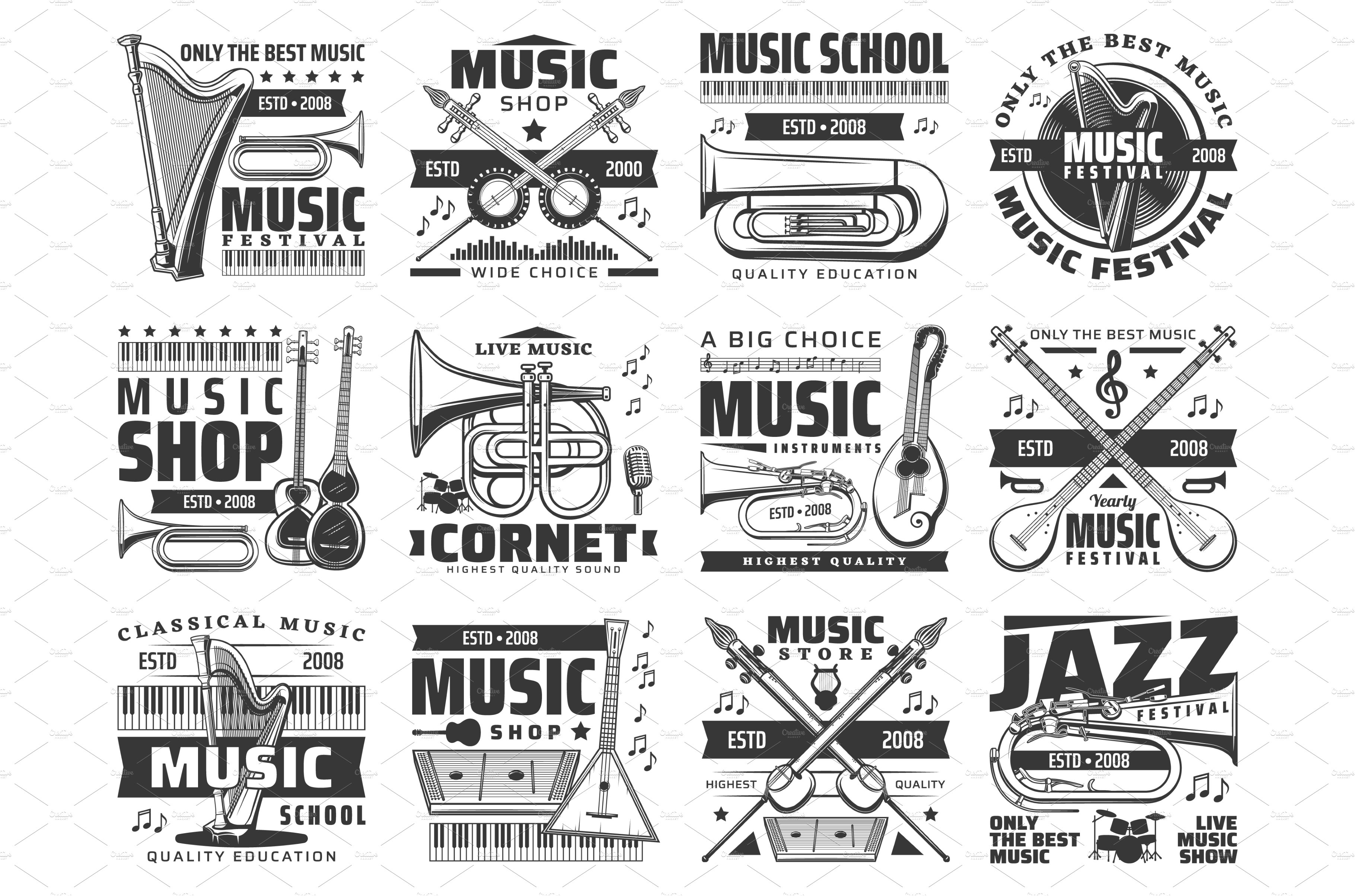 Music shop, festival, school icons cover image.