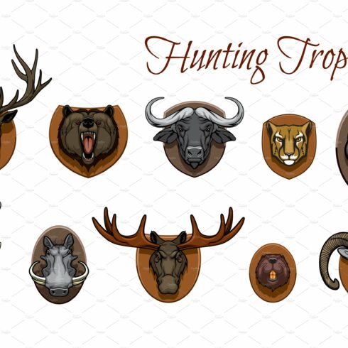 Hunting trophies, heads on wall cover image.