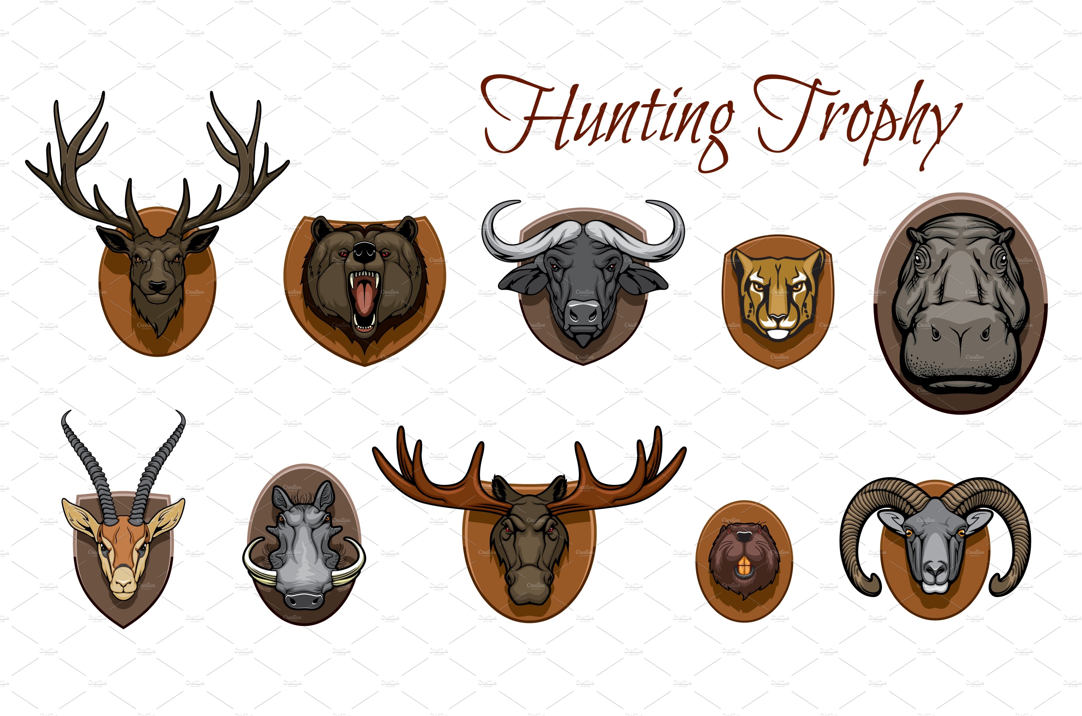 Hunting trophies, heads on wall cover image.