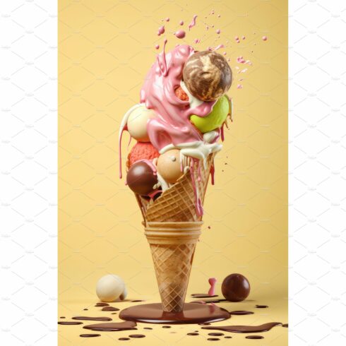 Ice cream in cone with chocolate cover image.