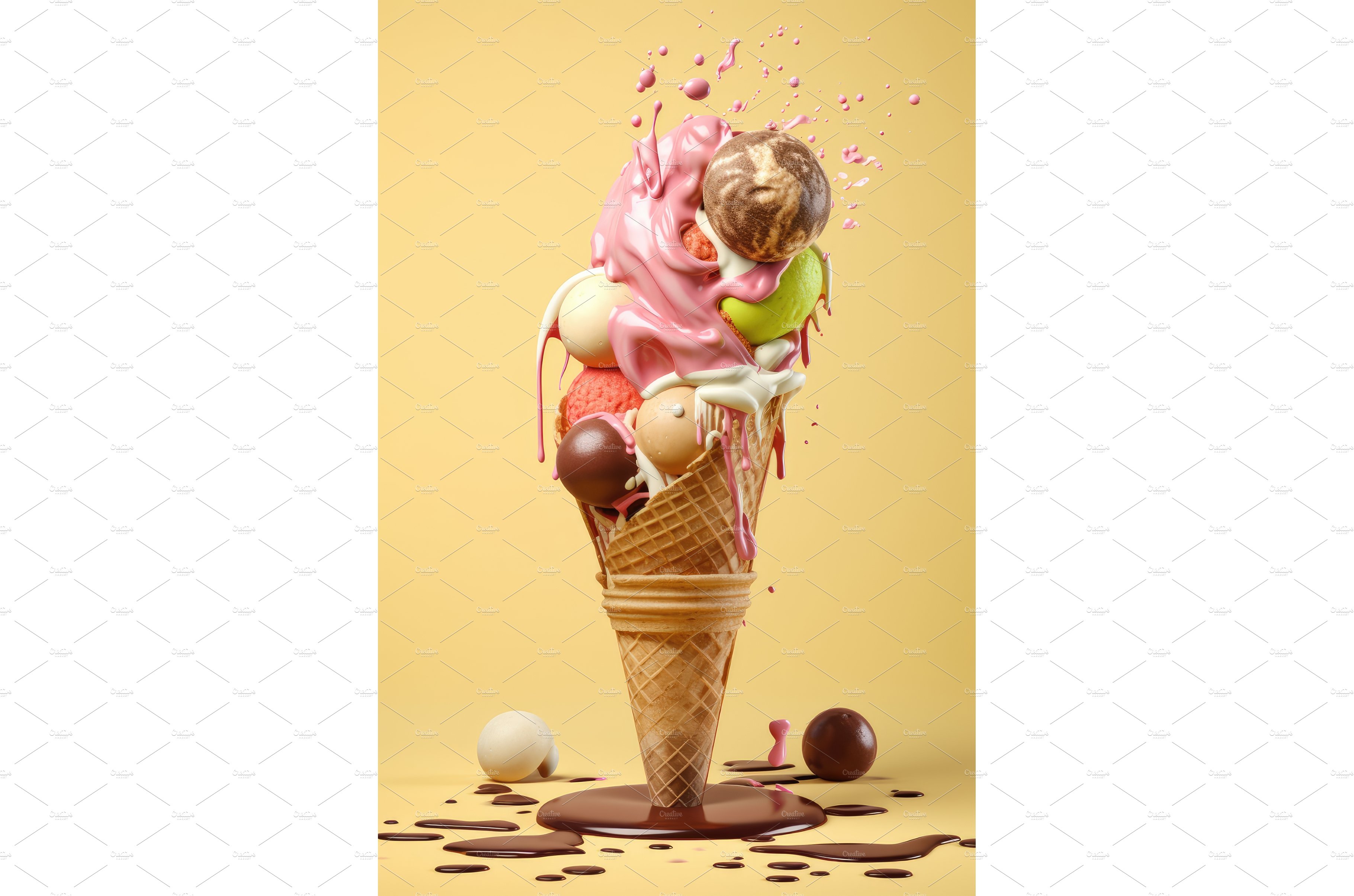 Ice cream in cone with chocolate cover image.