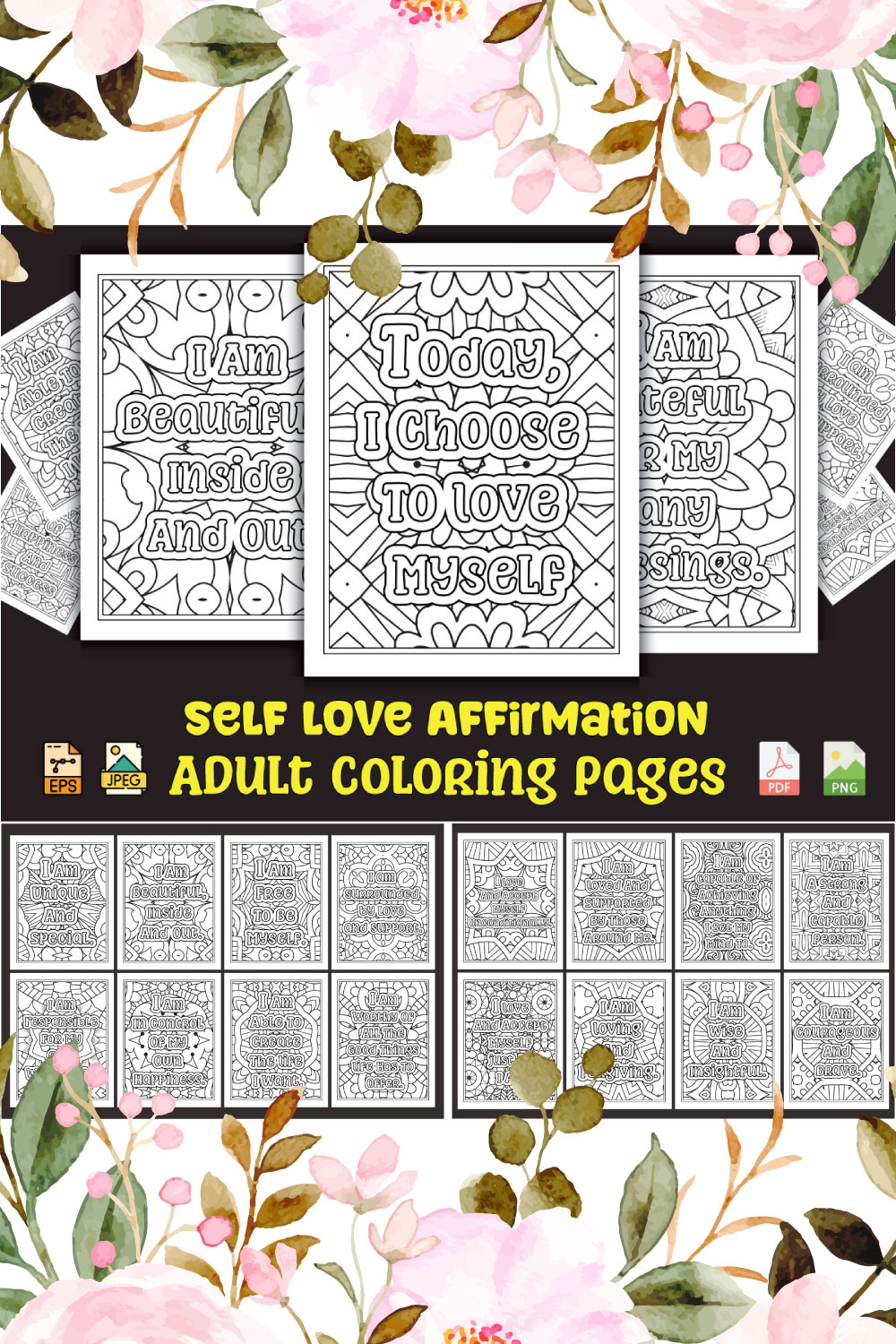 Self Love Affirmation Coloring Pages for Adults KDP Coloring Book pinterest preview image.
