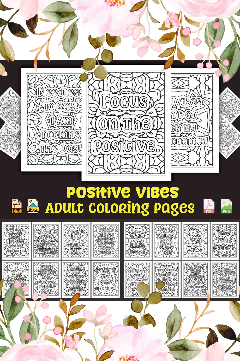 Positive Vibes Coloring Pages for Adults KDP Coloring Boo pinterest preview image.
