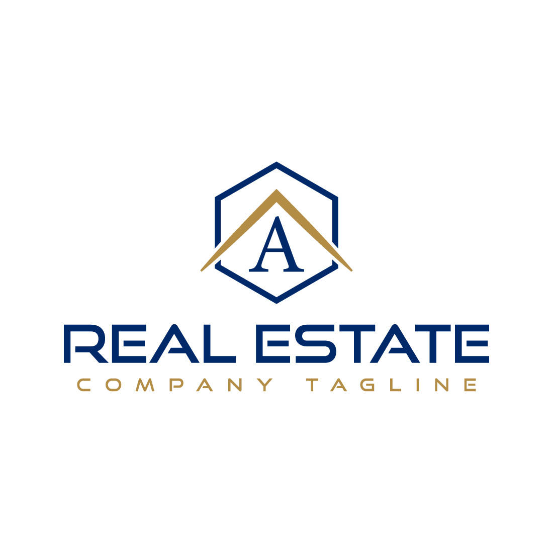 Real estate logo with golden, dark blue color and letter A preview image.