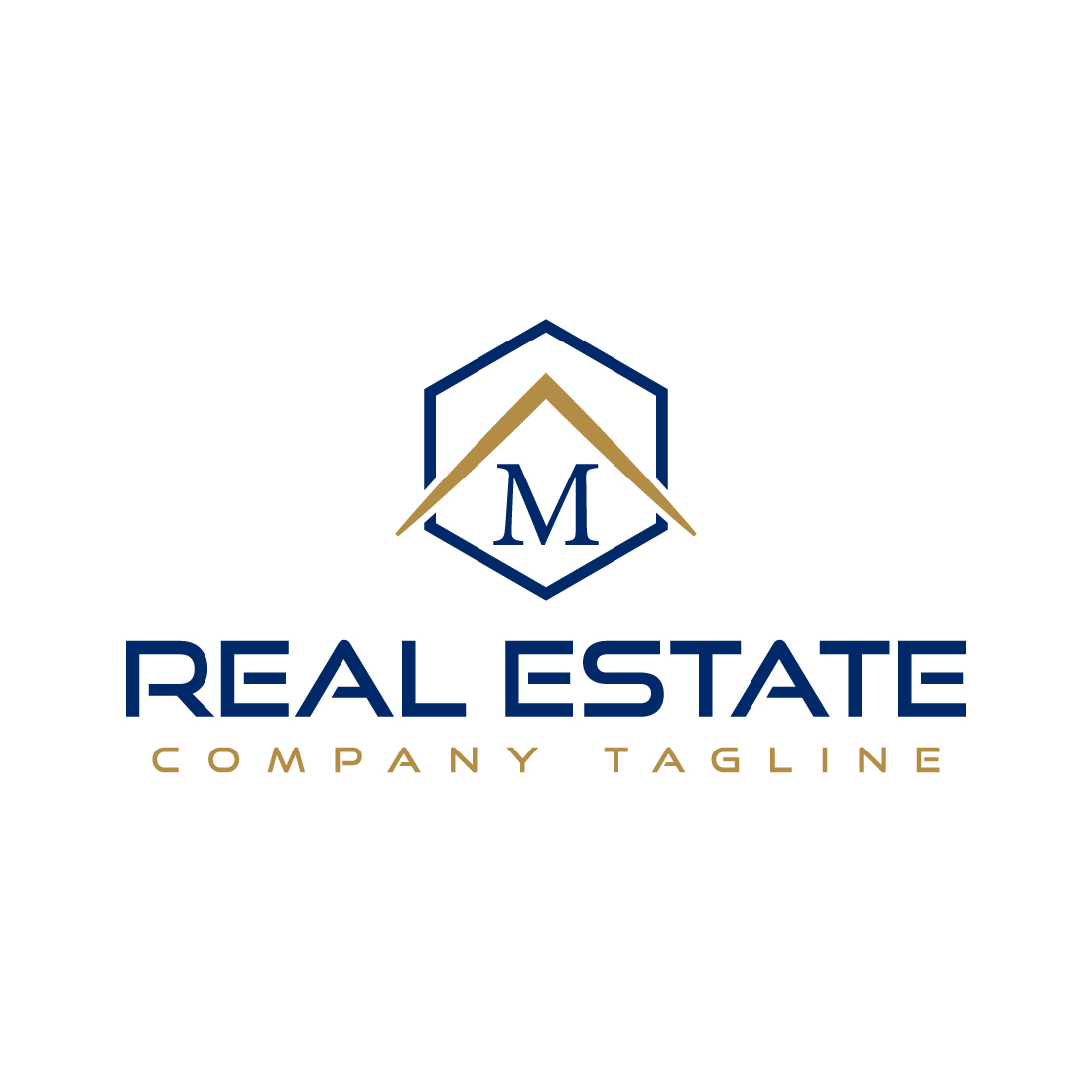 Real estate logo with golden, dark blue color and letter M preview image.
