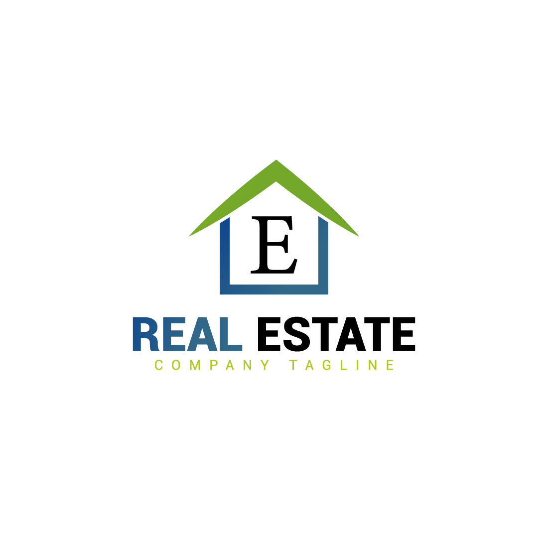 Real estate logo with green, dark blue color and E letter cover image.